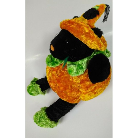 Halloween Plush Black Cat Jack-o-Lantern & Witch Brew Hat Stuffed Animal Toy 14" - Picture 7 of 11
